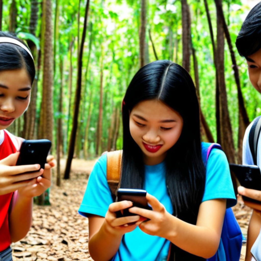 **A group of Thai teenagers participating in an AR treasure hunt in a forest setting, using their smartphones to scan QR codes. Focus on the excitement and engagement of the participants.**