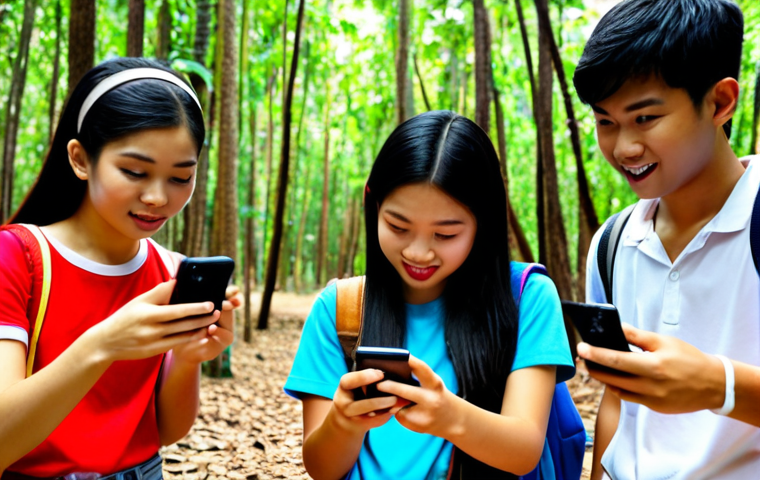 **A group of Thai teenagers participating in an AR treasure hunt in a forest setting, using their smartphones to scan QR codes. Focus on the excitement and engagement of the participants.**