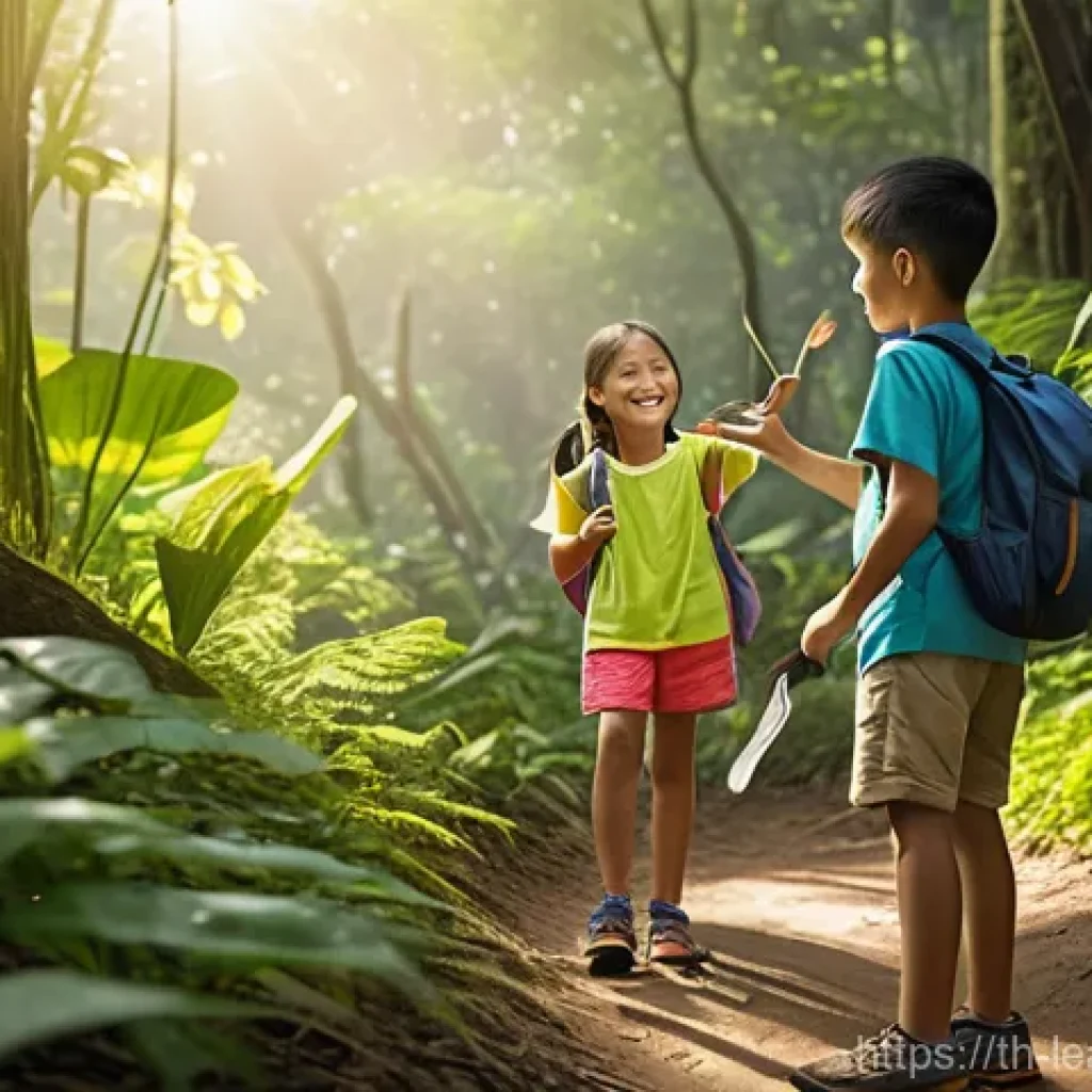 모험 기반 야외 교육 프로그램 기획 - **Prompt:** A group of diverse young Thai children, approximately 6-8 years old, are happily explori...