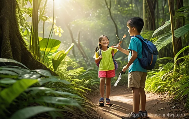 모험 기반 야외 교육 프로그램 기획 - **Prompt:** A group of diverse young Thai children, approximately 6-8 years old, are happily explori...
