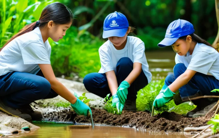 모험 기반 야외 교육 프로그램 기획 - **Prompt:** A team of four energetic Thai teenagers, about 12-14 years old, are actively engaged in ...