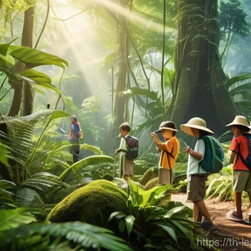 야외 교육 프로그램의 지속 가능성 - **Prompt:** A diverse group of cheerful children, aged 8-12, actively exploring a vibrant, sun-dappl...