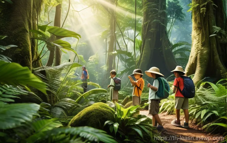 야외 교육 프로그램의 지속 가능성 - **Prompt:** A diverse group of cheerful children, aged 8-12, actively exploring a vibrant, sun-dappl...