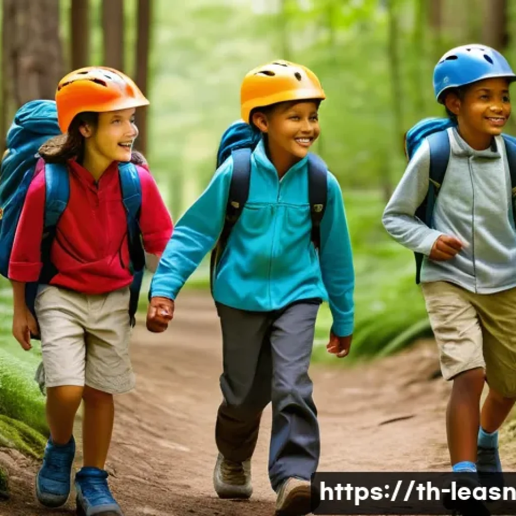 야외 교육 활동을 위한 안전 장비 - **Prompt:** A vibrant, sunlit scene featuring a group of diverse children, aged 8-12, happily engage...