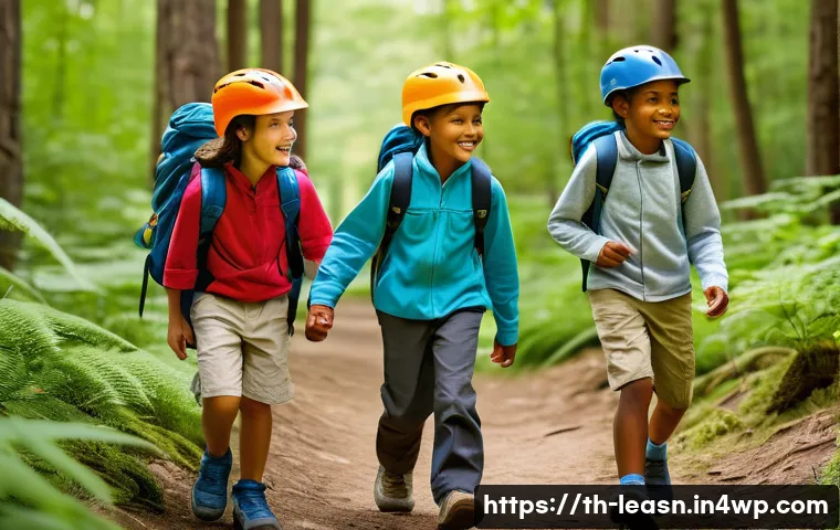 야외 교육 활동을 위한 안전 장비 - **Prompt:** A vibrant, sunlit scene featuring a group of diverse children, aged 8-12, happily engage...