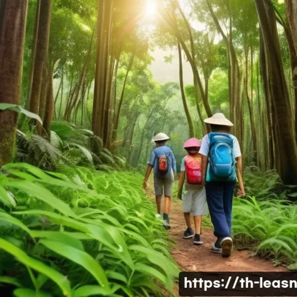 가족과 함께하는 야외 교육 활동 - A vibrant family hiking scene in a lush Thai forest during early morning light, parents and children...