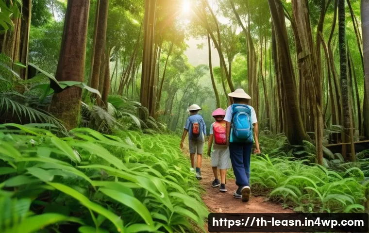 가족과 함께하는 야외 교육 활동 - A vibrant family hiking scene in a lush Thai forest during early morning light, parents and children...