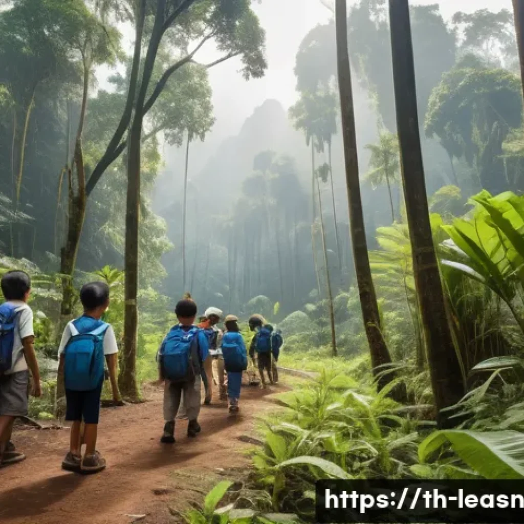 야외 교육 프로그램의 현장 조사 기획 - A detailed outdoor educational field trip scene in a lush Thai forest during daytime, showing a dive...