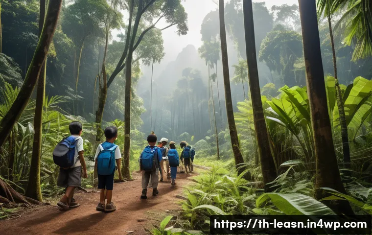 야외 교육 프로그램의 현장 조사 기획 - A detailed outdoor educational field trip scene in a lush Thai forest during daytime, showing a dive...
