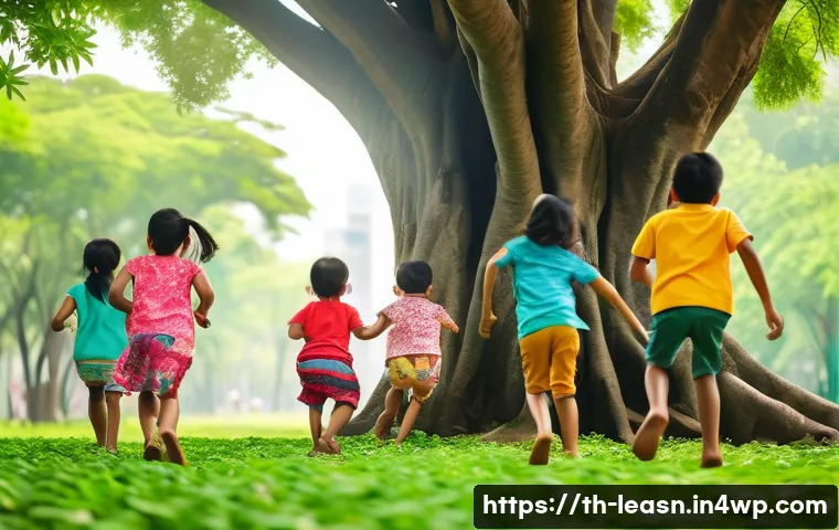 자연을 통한 감성 교육의 중요성 - A group of diverse young children wearing colorful outdoor clothes and sturdy shoes, playing joyfull...
