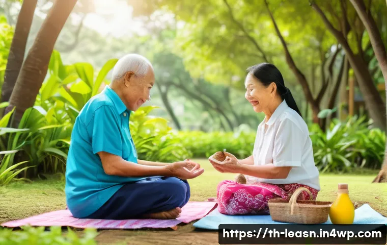 다양한 연령대를 고려한 야외 교육 프로그램 - A vibrant outdoor family picnic scene in a lush, well-maintained public park in Thailand, featuring ...