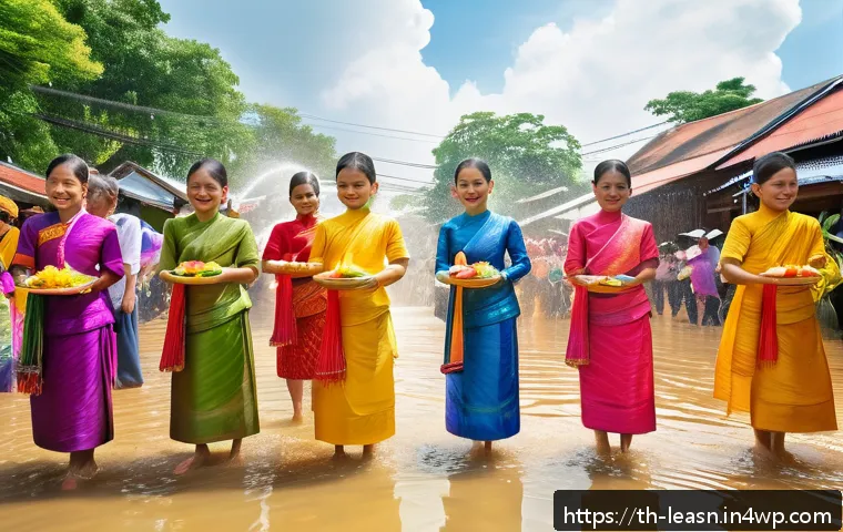 야외 교육 프로그램의 문화적 적합성 - A vibrant scene of a traditional Thai community festival during Songkran, showing diverse learners o...