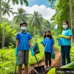 Home 23 야외 교육 프로그램의 자원봉사 활용 - A diverse group of Thai children and teenagers wearing casual clothing and light outdoor gear, all w...