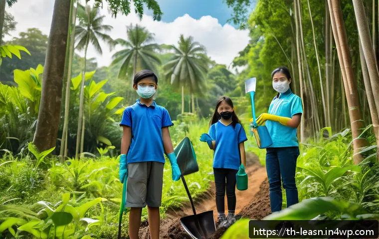야외 교육 프로그램의 자원봉사 활용 - A diverse group of Thai children and teenagers wearing casual clothing and light outdoor gear, all w...