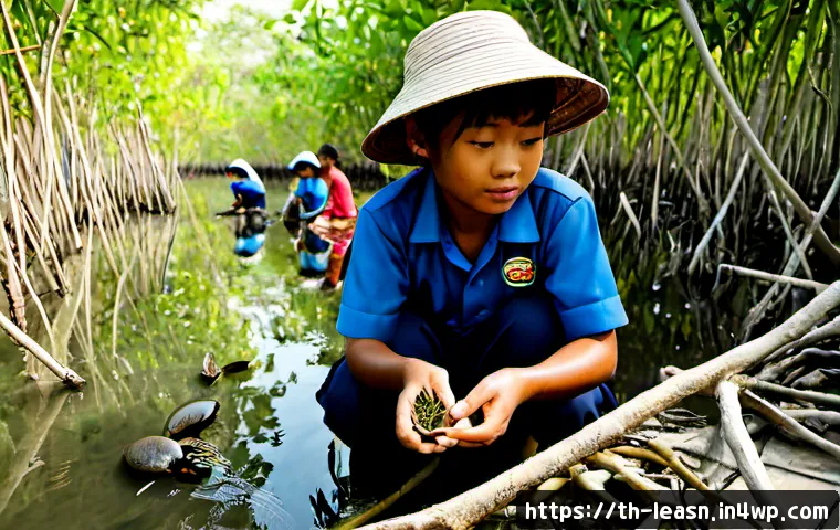 Home 17 생태계 보존을 배우는 야외 교육 - Photorealistic outdoor environmental education in a lush Thai mangrove forest, a friendly local teac...