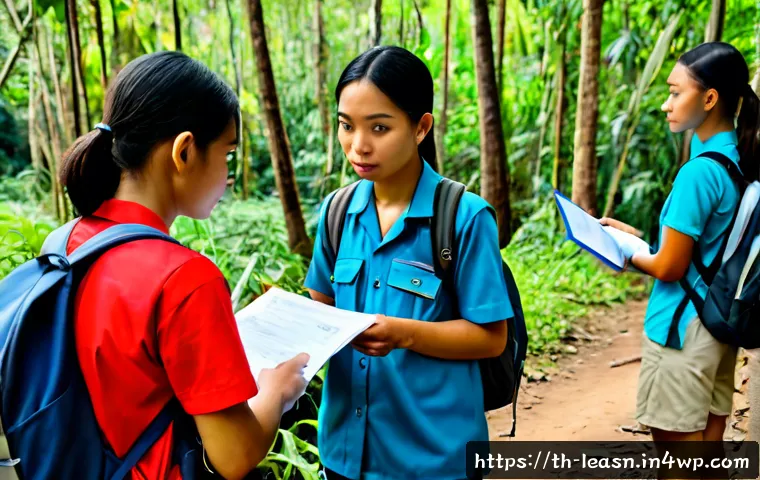 Home 17 야외 교육 프로그램의 법적 규제 - Photorealistic outdoor education safety briefing in a Thai national park, diverse Thai teenage stude...